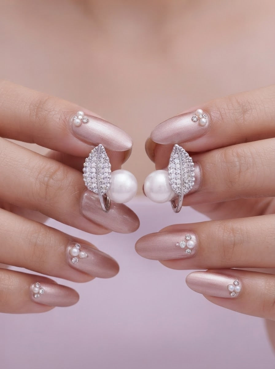 Leaf Shape Korean Pearl style zircon Earrngs