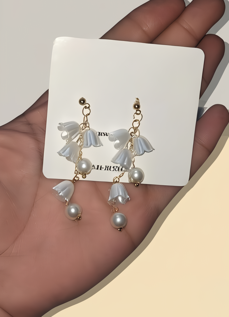 Pearl Korean Flower Earrings for Women – White Floral Design