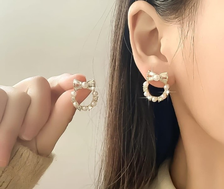Pearl Bow Korean Zircon Earrings – Golden