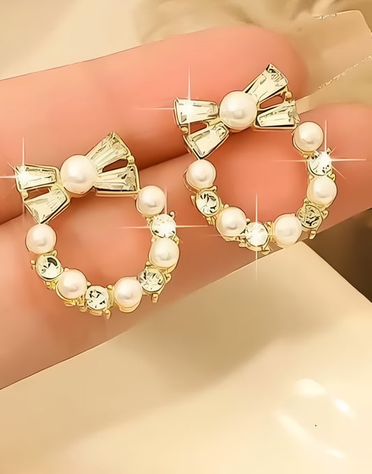 Pearl Bow Korean Zircon Earrings – Golden