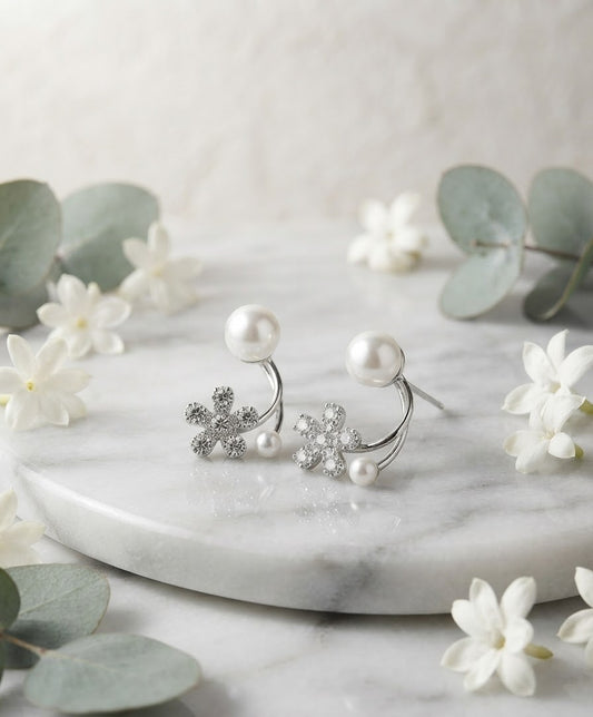 Flower Pearl Zicon Earrings Golden Silver Lightweight