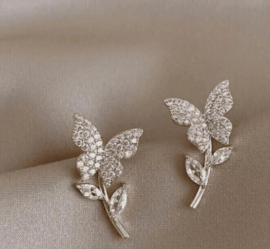 Butterrfly Zircon Earrings Silver Golden Pakistan