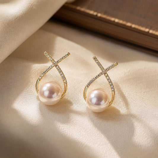 Cross zircon Pearlnearrings Silver Gold Set